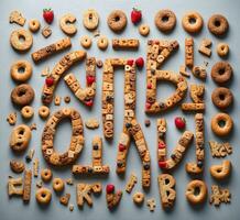 AI generated English alphabet made from cookies and berries on a gray background. Top view photo