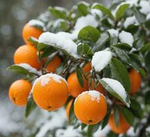 AI generated Ripe oranges on the tree in the garden. Shallow depth of field. photo