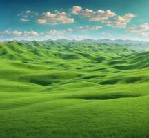 AI generated green meadow and blue sky with clouds. 3d render illustration photo