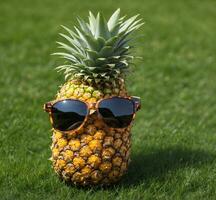 AI generated Pineapple with sunglasses on green grass background. Close up. photo