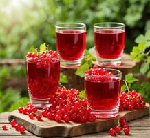 ai generado un vaso de Fresco jugo con rojo grosellas y naranjas en un de madera antecedentes foto