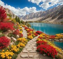 ai generado montaña paisaje con lago y vistoso flores en ladakh, India foto