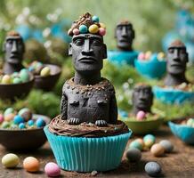 AI generated Easter chocolate cupcake with painted face of Jesus, selective focus photo