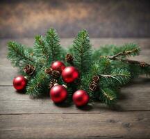 AI generated Christmas decoration with fir tree branches and red balls on wooden background. photo
