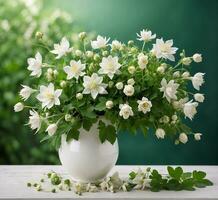 AI generated bouquet of white jasmine flowers in vase on green background photo