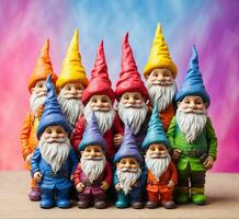 AI generated Close-up of a group of colorful gnomes on a colorful background photo