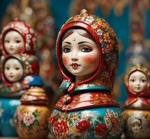 AI generated Russian dolls. Traditional Russian souvenirs. Matryoshka dolls. photo