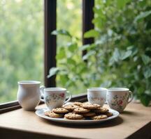 AI generated Two cups of coffee and cookies on a wooden table near the window photo