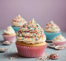 AI generated Cupcake with butter cream on top and Acropolis in the background photo