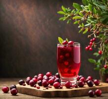 AI generated Cranberry juice in a glass with cranberries on a wooden background photo