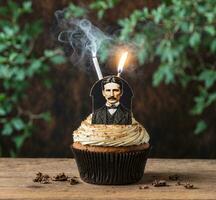AI generated Birthday cupcake with burning candle on wooden table, closeup photo
