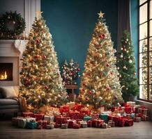 ai generado Navidad árbol con regalos en el interior de el vivo habitación con un hogar foto