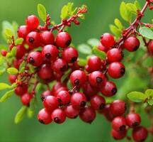 AI generated Red berries of a cowberry on a branch with green leaves. photo