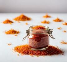 AI generated Saffron spice in a glass jar on a white background. photo