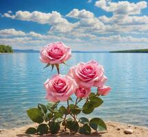 AI generated Beautiful pink roses on the shore of the lake. Summer landscape. photo