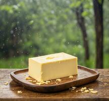 ai generado pedazo de mantequilla en de madera plato con lluvia gotas en el antecedentes. foto