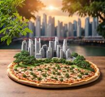 AI generated Pizza with the city skyline on wooden table in the evening. 3d rendering photo