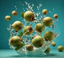 ai generado frutas otoño dentro agua con un chapoteo en turquesa antecedentes. foto