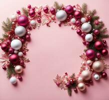 AI generated Christmas wreath of pink and white baubles on a pink background photo