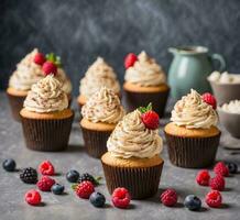 AI generated Cupcakes with cream cheese frosting and fresh raspberries photo