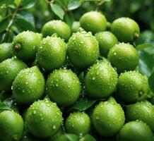 AI generated Green berries on a branch with drops of dew after the rain photo