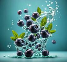 AI generated Fresh blueberries in water with splashes and mint leaves on blue background photo