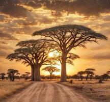 ai generado puesta de sol terminado baobab arboles en el sabana de Kenia foto