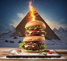 AI generated Hamburger with fire and pyramids in background, 3d rendering photo