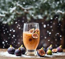 AI generated Fruit smoothie with fresh figs and ice on a wooden background photo