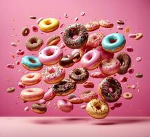 AI generated Flying donuts with sprinkles on pink background. 3d rendering photo