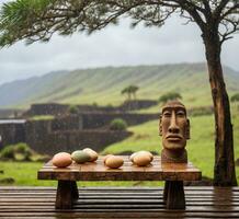 AI generated Easter eggs on a wooden table in front of the ancient ruins of Easter Island photo