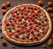 AI generated Chocolate tart with strawberries and chocolate pieces on a wooden background. photo