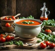 ai generado tomate sopa con albahaca foto