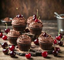 AI generated Chocolate cupcake with chocolate cream and burning candles on a brown background photo