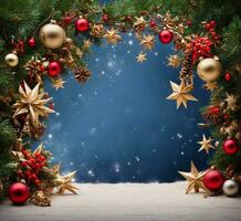 AI generated Christmas background with fir tree branches, red berries and golden stars. photo