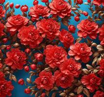 ai generado sin costura modelo con rojo camelia flores en azul antecedentes foto