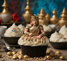 AI generated Cupcake with cream and a king figurine. Selective focus. photo