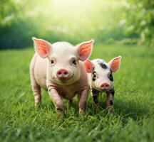 AI generated Two cute little piglets standing on green grass field. Concept of healthy nutrition. photo