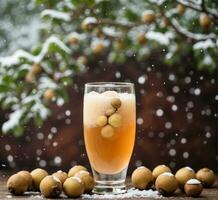 AI generated Longan juice in a glass on a wooden table with snow. photo