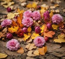 AI generated Autumn background with fallen leaves and pink flowers on a wooden surface photo