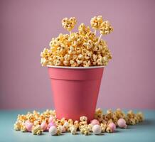 AI generated Popcorn in a pink bucket on a blue background. Selective focus. photo