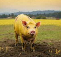 ai generado hermosa cerdo en un prado con amarillo flores a puesta de sol. foto