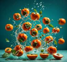 AI generated Falling persimmon fruits with water splash on a turquoise background photo