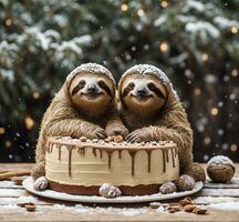 AI generated Two cute sloths on the background of a cake in the snow. photo