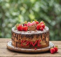 AI generated Chocolate cake decorated with strawberries and hearts on a wooden table. photo