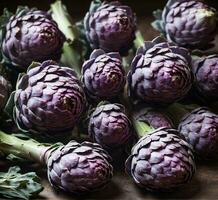 AI generated Fresh purple artichokes on a rustic wooden background, selective focus photo