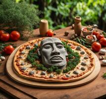 AI generated Pizza with the face of a man on a wooden board. photo