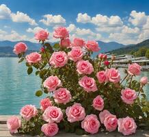 ai generado rosado rosas en el antecedentes de el lago y montañas en el verano foto