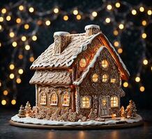 AI generated Christmas gingerbread house on a dark background. Free space for text. photo