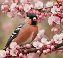 AI generated Chaffinch on a branch of a blossoming apricot tree photo